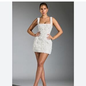 Floral-Appliqué Corset Mini Dress in White